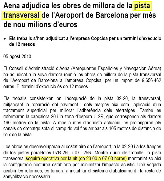 Nota de prensa de AENA informando de la adjudicaci�n de las obras de mejora de la pista transversal del aeropuerto de Barcelona-El Prat (5 de Agosto de 2010)